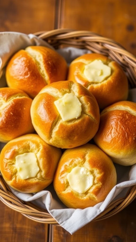 A basket of golden brown yeast rolls, brushed with butter, on a rustic wooden table.